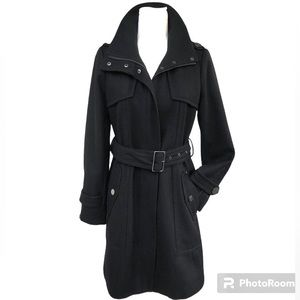 Kenneth Cole New York Black Wool Blend Zip Up Waist Tie Coat Jacket Women’s
